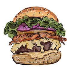 big burger, hamburger hand drawn vector illustration sketch retro style 
