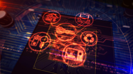 CPU on board with iot symbols hologram