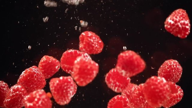 Raspberries falling into water against black background.
