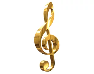 Foto op Aluminium 3D render of gold music clef symbol isolated on white © Shiva3D