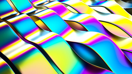 Abstract background, metallic stripes, holographic foil, iridescent texture with reflection. Turquoise to violet gradient. For creative projects: cover, fashion, web. 3d rendering.