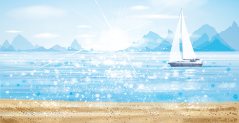 Vector blue sea scape with yacht in sunshine, bokeh effect.