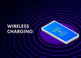 Wireless charging isometric iluustration concept. Smart phone is charged while on the stand with qi charge station.