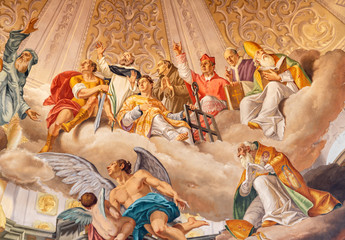 COMO, ITALY - MAY 8, 2015: The fresco of Glory of holy men as the part of Glory of Christ the King...