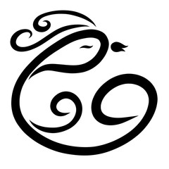 abstract bird from black curls with a tuft in the shape of a heart