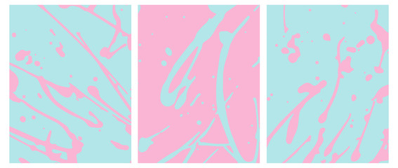 Set o 3 Abstract Geometric Layouts. Irregular Handmade Light Pink Splashes on a Blue Background. Blue Daubs on a Pink. Funny Simple Creative Design. Infantile Style Expressive Painting.