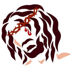Jesus Christ in a crown of thorns, a drop of blood on his face