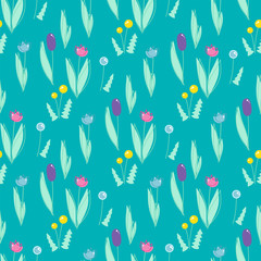 Fototapeta na wymiar Vector cartoon background. Seamless pattern with wild flowers, dandelions, tulips, reeds. Children’s book style. Perfect for kids room wallpaper, cotton, textile. Cute pastel color palette