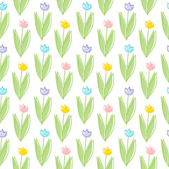 Vector cartoon background. Seamless pattern with wild flowers, abstract tulips. Children’s book style. Perfect for kids room wallpaper, cotton, textile. Lovely pastel colors