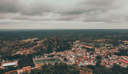 Panoramic view of Shravanabelagola town, Karnataka State, India. It is one of the most popular Jain...