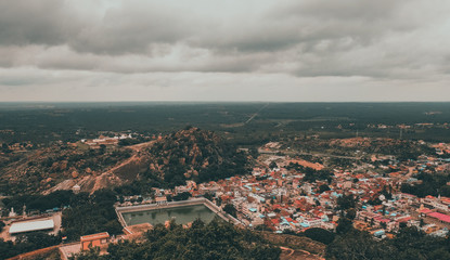 Panoramic view of Shravanabelagola town, Karnataka State, India. It is one of the most popular Jain pilgrimage center in the world