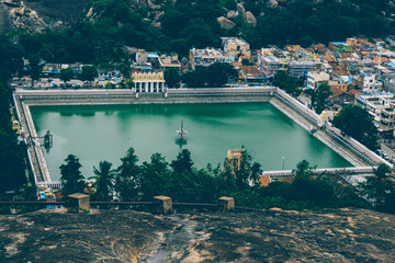 Panoramic view of Shravanabelagola town, Karnataka State, India. It is one of the most popular Jain pilgrimage center in the world 