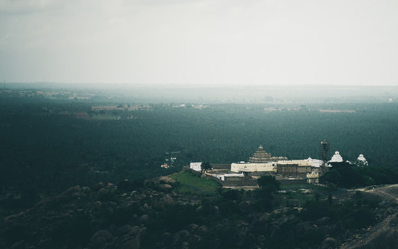 Panoramic view of Shravanabelagola town, Karnataka State, India. It is one of the most popular Jain pilgrimage center in the world
