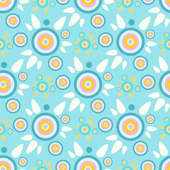Fototapeta premium Abstract vector seamless pattern. Simple design, abstract background. Little cute round geometric tea flowers with leaves. Bright random colors, perfect for textile, fabric, wallpaper