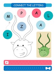 Connect the letters - Impala. Printable worksheet for preschool and kindergarten kids. Alphabet learning letters and coloring. Handwriting practice. Vector illustration.