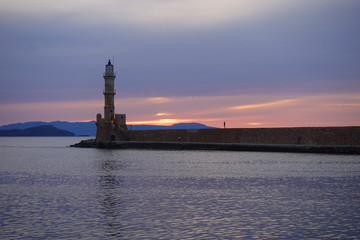 Photo from iconic Venetian old port of Chania at dusk with beautiful colours, Crete island, Greece