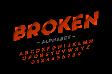 Broken font design, alphabet letters and numbers