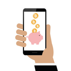 businessman earns bitcoins on smartphone with piggy bank isolated on white background vector illustration EPS10
