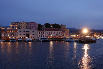 Night shot from iconic Venetian port of Chania, Crete island, Greece