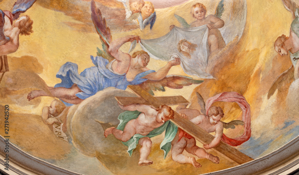 Wall mural MENAGGIO, ITALY - MAY 8, 2015: The baroque fresco of angels with the corss in church Chiesa di Santa Marta. - Wall murals