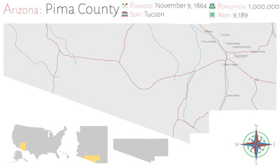 Large and detailed map of Pima county in Arizona, USA
