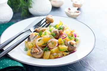 Potato salad with pickled champignons and cucumbers on a white plate, horizontal, copy space