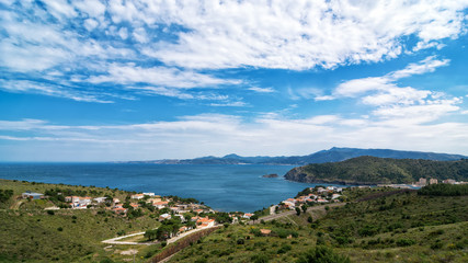 Fototapeta na wymiar Aerial view of the Colera Mediterranean coastline in Costa Brava, Colera, Catalonia, Spain