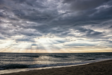 Sunset on the beach. Argeles sur Mer, Roussillon, Pyrenees Orientales, France