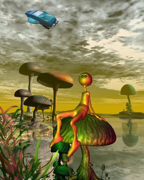 Illustration of a little gold alien creature sitting on a toadstool and watching an aircar fly above his planet, 3d digitally rendered illustration