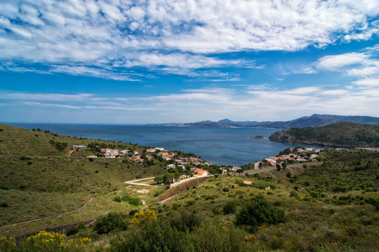 Aerial view of the Colera Mediterranean coastline in Costa Brava, Colera, Catalonia, Spain