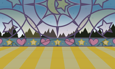 Vector cartoon background. Ballroom with stained glass window, moon and stars, border wall, tile floor, forest and sky. Rainy day version, for kids games, apps, video channels. Children’s book style
