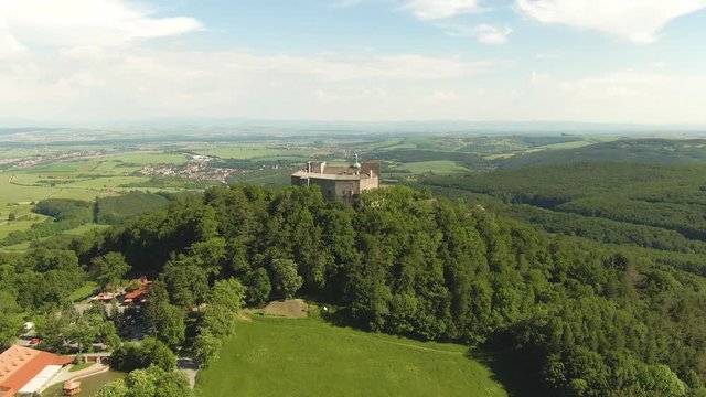 Aerial top view of Buchlov castle. Ancient fort is placed on hill. South Moravia region, Czech republic.