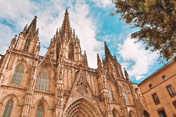 The Cathedral of the Holy Cross and Saint Eulalia. Gothic cathedral and seat of the Archbishop of Barcelona, Catalonia, Spain. One of the most famous sights of Barcelona. Photo with beautiful toning