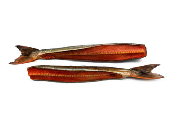 Smoked salmon fish Kety.  Two pieces.  Isolate on white background