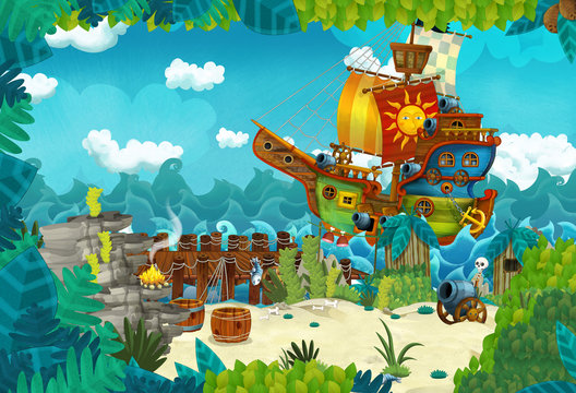 cartoon scene in the jungle near stream or river with nobody on the stage and camp fire and pirate ship - illustration for children
