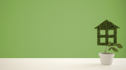 White table top or shelf with green plant in pot shaped like house, green background with copy space, modern interior design and real estate concept idea, template mockup