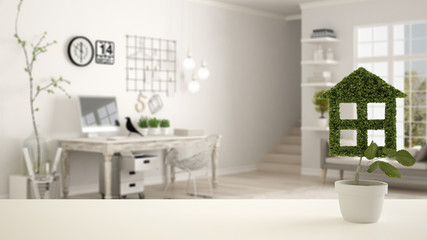White table top or shelf with green plant in pot shaped like house, modern blurred home office workspace in the background, interior design, real estate, eco architecture concept idea