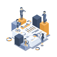 Isometric vector illustration. The concept of business auditing. Analysis of statistics, management, administration. Verification of accounting data. Financial report. Professional audit advice. Flat 