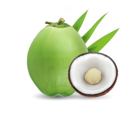 Fresh coconut and coconut cut in half with separate leaves on a white background.