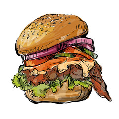 big burger, hamburger hand drawn vector illustration sketch retro style 