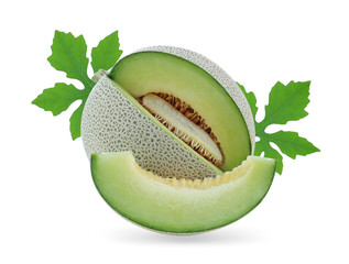 Green melon or cantaloupe, fresh with leaves and seeds Isolated on white background