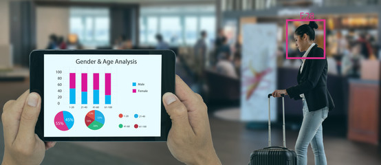 deep machine learning concept, the store or smart retail use artificial intelligence technology with facial recognition to analytic , predict behavior of customer in store to keep target of product