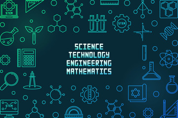 Science, Technology, Engineering and Math outline colored horizontal frame - vector STEM concept illustration on dark background