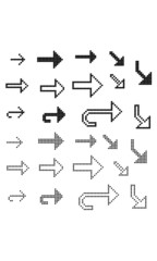 Naklejka premium Set of 26 style vector black and white pixel art arrows