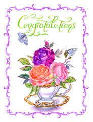 Greeting card with a bouquet of roses and butterflies in a cup and in a patterned frame, watercolor illustration, isolated.