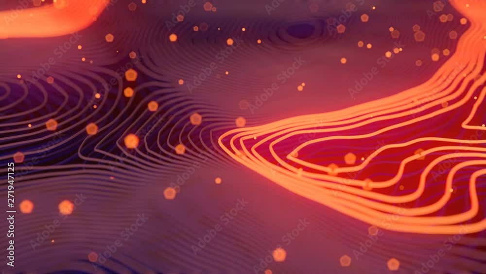 Fototapete pink colored abstract background with bright particles. deformed wavy wires with orange motion glowi