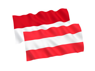 National fabric flags of Austria and Indonesia isolated on white background. 3d rendering illustration. 1 to 2 proportion.
