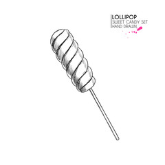 Hand drawn set of sweet candies. Twisted caramel lollipops. Vector food icons. Use for restaurant, menu, party decorating, flyer, banner. Sugar Halloween dessert.