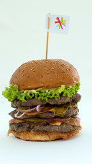juicy burger with meat and fresh vegetables on a white background, cooked with your own hands