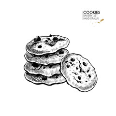 Bakery set. Hand drawn isolated cookies or biscuits. Traditional sweet bakery. Vector engraved icon. For restaurant and cafe menu, baker shop, bread, pasty, sweets. Design template.